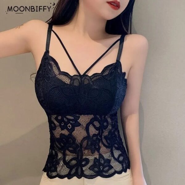 Camisoles for Women Lace Tank Top with Built In Bra Black Crop Top - Image 2
